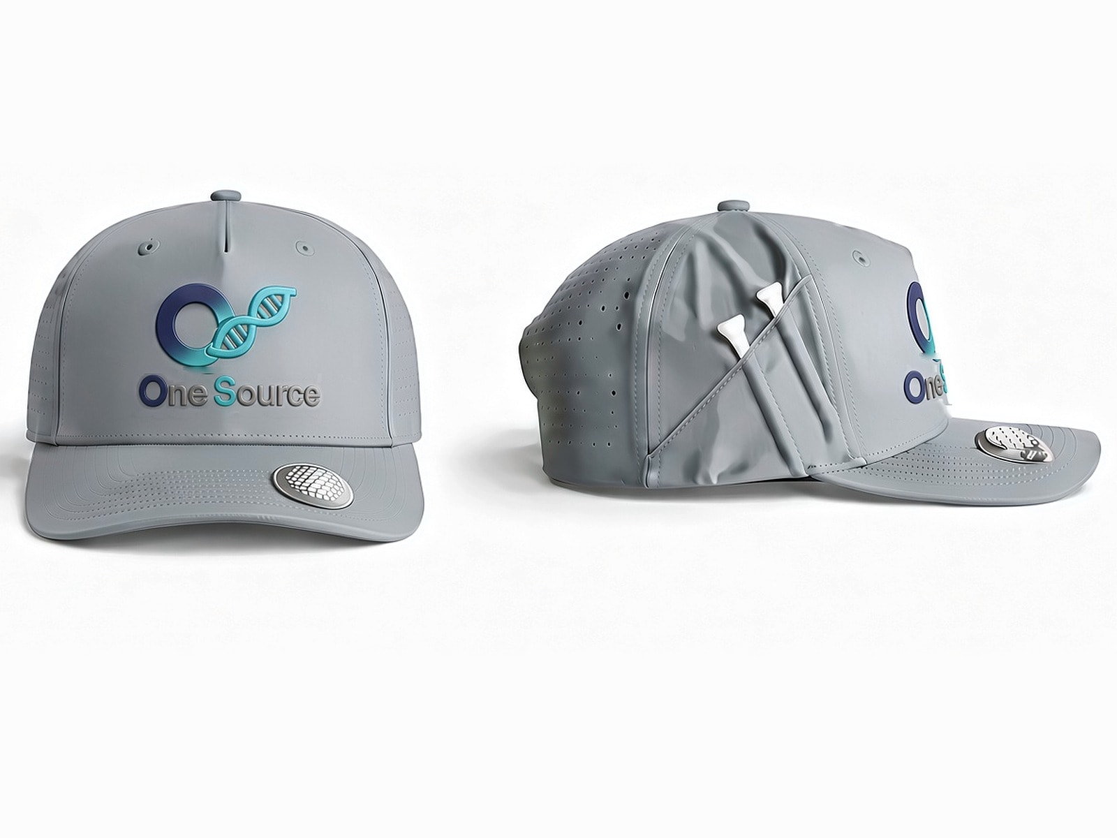 Grey perforated golf hat with the One Source ring-and-helix logo on the front, a magnetic ball marker on the brim, and two golf tees tucked in a side sleeve