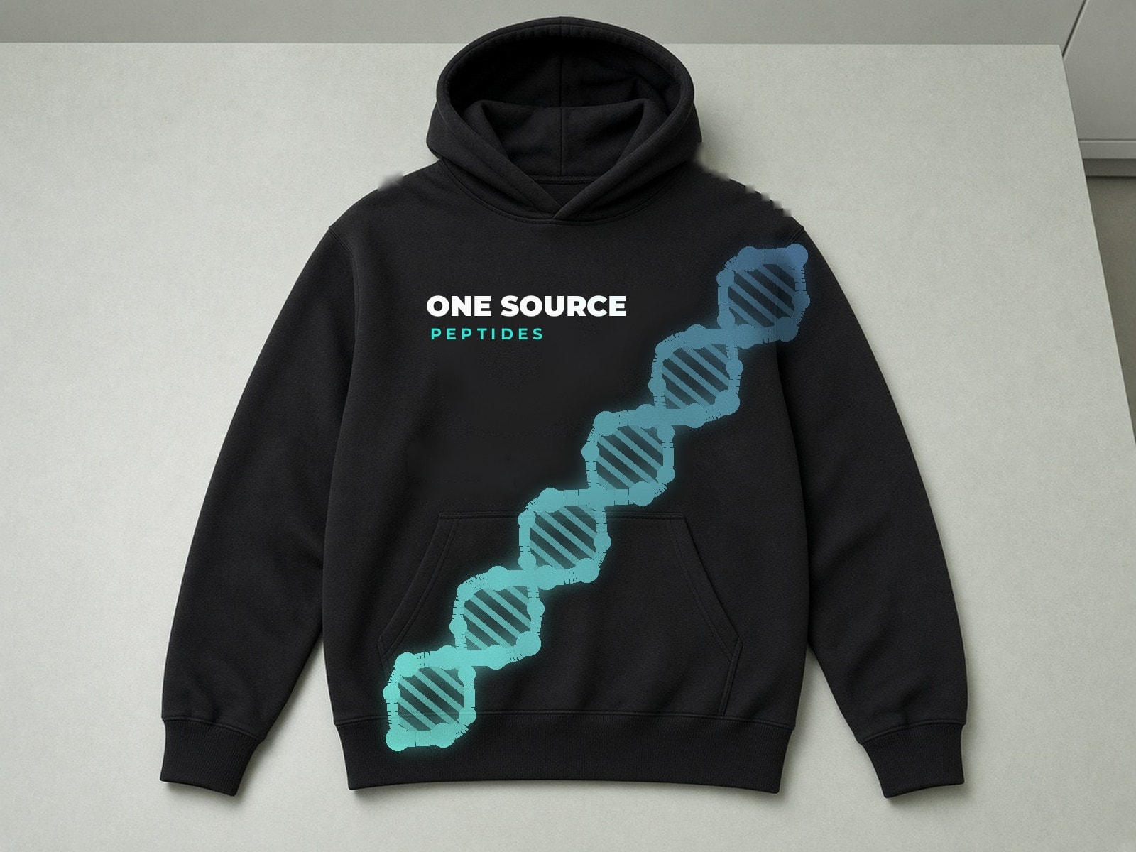 Black hoodie with an oversized glowing teal double helix rising across the front and the One Source Peptides wordmark