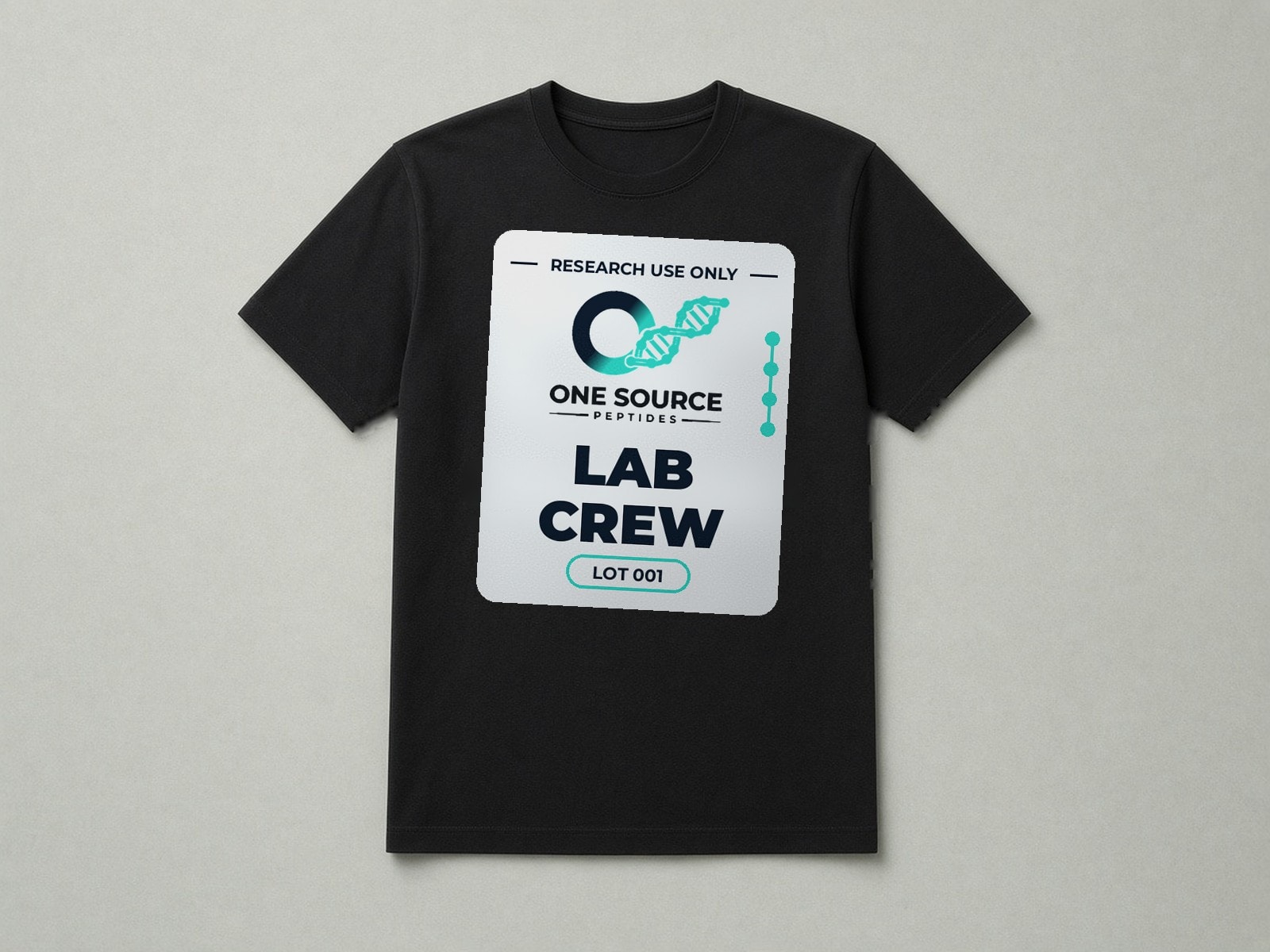 Black shirt printed with the One Source Peptides vial label: Research Use Only, the logo, LAB CREW and a LOT 001 pill