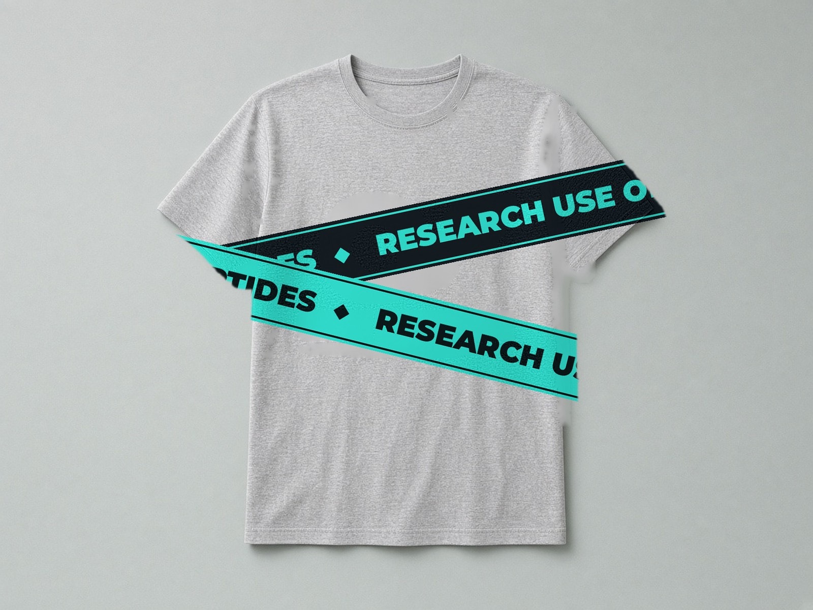 Heather grey shirt with two crossing teal and black tape bands reading Research Use Only and One Source Peptides